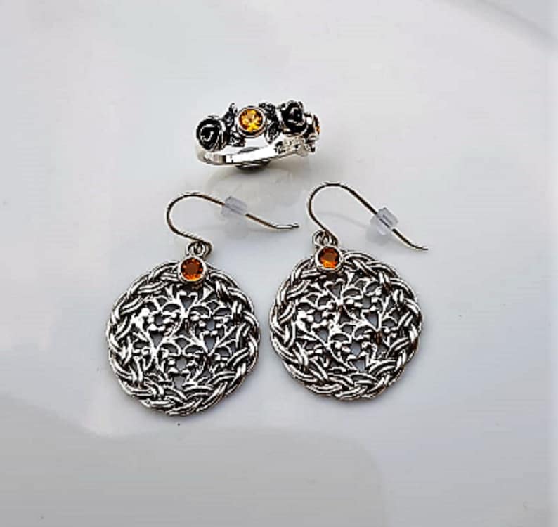 Lace Design Dangle Earring and Statement Ring Set ~Gemstone and Sterling Silver Jewelry Set ~ November Birthstone ~Handmade~Gift