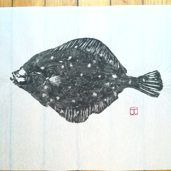 Gyotaku original de carrelet, estampe originale de poisson, idée cadeau pêcheur, art japonais, décoration marine, art marin, flétan