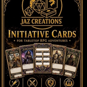 May include: Black and gold initiative cards for tabletop RPG adventures. The cards feature character art for Monk, Sorcerer, Paladin, and Ranger. Includes icons for dry-erase, combat tracking, fantasy class designs, and game night use. The text reads "JAZ CREATIONS INITIATIVE CARDS".