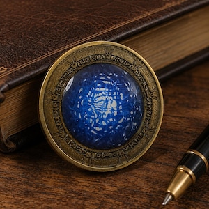 Peut inclure: Un médaillon circulaire en métal de couleur laiton avec une incrustation centrale en résine bombée aux motifs tourbillonnants bleus et blancs. Le bord extérieur du médaillon est gravé de symboles géométriques et de lignes répétitives.