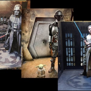 May include: Composite image of three Star Wars figures: Darth Vader with a red lightsaber, The Mandalorian, and Rey with a blue lightsaber. Each figure is posed in a themed environment, with detailed costumes and props.