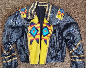 Vtg 80's Jacket Sequin Dark Blue Colorful Military Style MED Halloween Costume Movie Prop