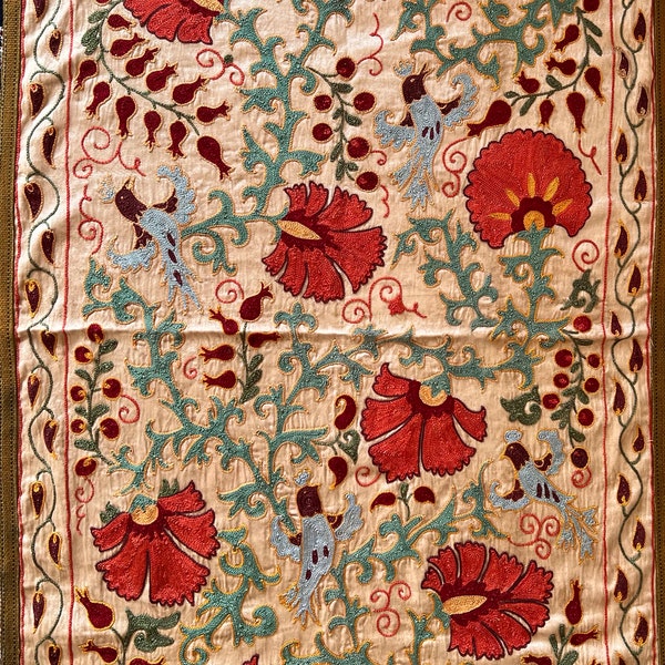 Suzani Wall hanging tapestry- Uzbek embroidered fabric with beautiful flowers, Home decor vintage handmade Suzani  [110x75cm], [43x29inch]