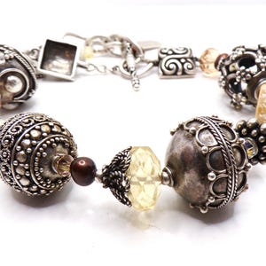Vintage Balinese Sterling Silver Bracelet: Pearl, Crystal, Shell Beaded