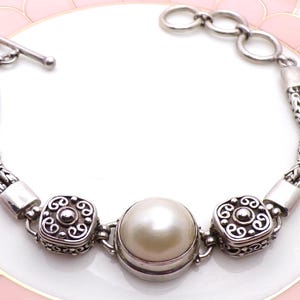 Sterling Silver Balinese Bracelet, Byzantine Chain and Culture Pearl Bracelet