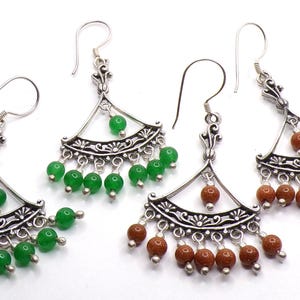 925 Sterling Silver Boho Chandelier Earrings Green Quartz or Sunstone Beads