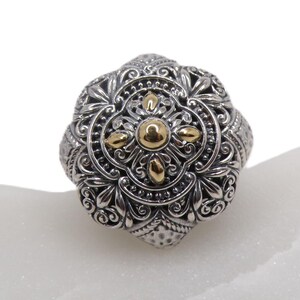 925/18K Accent Bali Ornate Ring, Handmade Artisanal Statement Ring Size 8.5