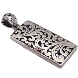 Bali 925 Sterling Silver Scroll Design Rectangular Pendant, Ornate Style