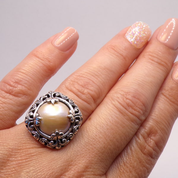 925 Sterling Silver Pearl Ring,  Peach Color Pearl Scroll Ring Size 6, 7, 9