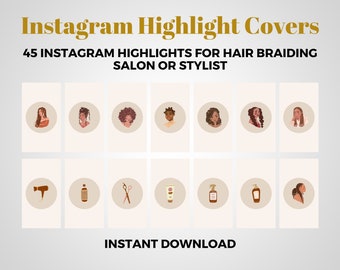 Instagram Highlight Covers for Hair Braiding Salon in Beige Brown Color Scheme, Set of 45 High Quality Instagram Highlights, Boss Free Media