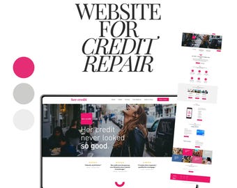 May include: A laptop computer displaying a website for a credit repair service called "Her Credit". The website features a smiling woman with the text "Her credit never looked so good." and a pink and grey colour scheme.