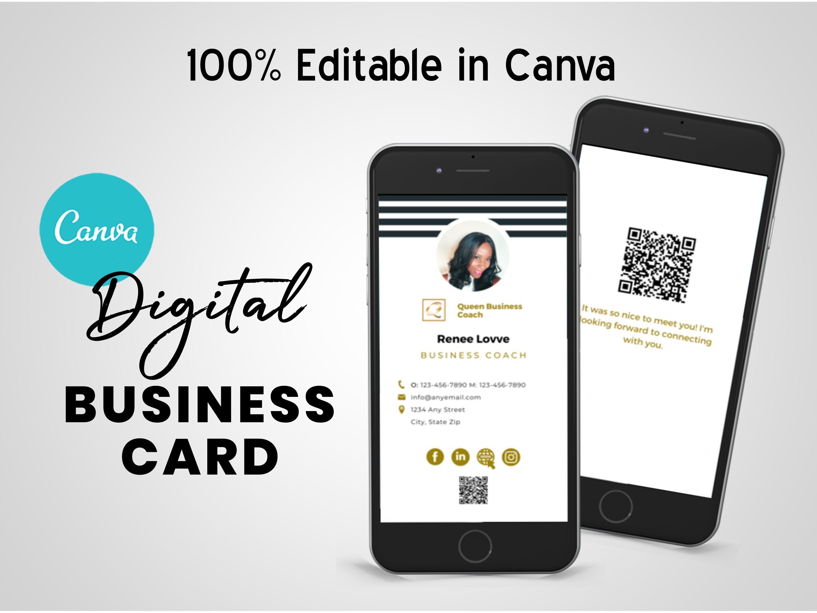 Digital Business Card Template, Canva Template, 100 Editable, Virtual