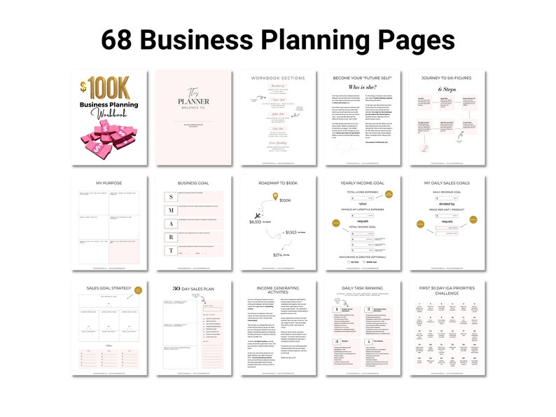 A general image of the collection of forms and worksheets from various business planning workbooks from our shop. It says, Check out our planners and workbooks from the 7 Figure Sister Collection.