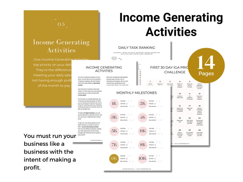 Image of the Income Generating Activities section of the 100K Business Planner Workbook. It says, You must run your business like a business with the intent of making a profit.
