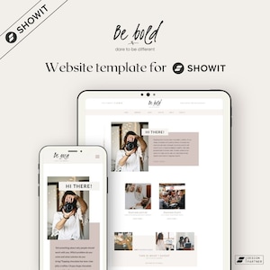 May include: A website template for Showit, a website builder, with a minimalist design and the text "Be bold, dare to be different". The template features a light background with a beige color scheme and a photo of a woman holding a camera.