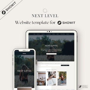 Puede incluir: Una plantilla de sitio web para Showit, un creador de sitios web. La plantilla presenta un diseño en blanco y negro con un logotipo circular y el texto "Next Level". La plantilla está diseñada para empresas y profesionales que desean crear un sitio web moderno y profesional.