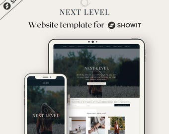 May include: A website template for Showit, a website builder. The template features a black and white design with a circle logo and the text "Next Level". The template is designed for businesses and professionals who want to create a modern and professional website.