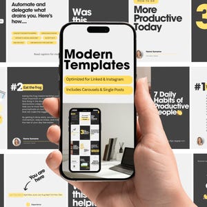 Puede incluir: Una pantalla de teléfono que muestra una maqueta de una publicación en redes sociales con el texto "Modern Templates" en amarillo y negro. La publicación está optimizada para Linked In e Instagram e incluye carruseles y publicaciones individuales. El teléfono está sostenido en una mano sobre un fondo de otras publicaciones en redes sociales con diseños similares.