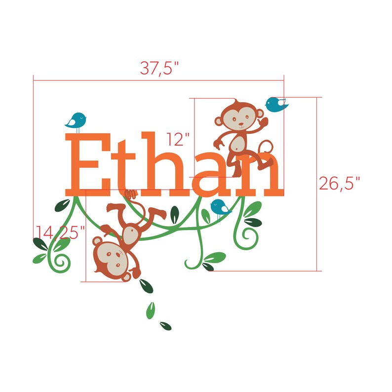 Custom Name Wall Decal Monkeys Colorful Wall Decals Etsy