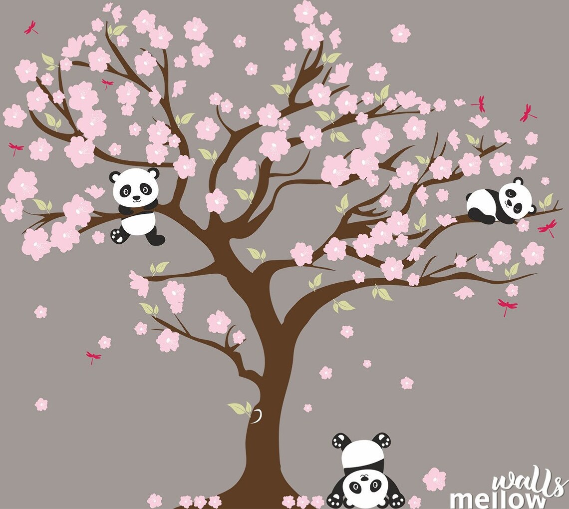 Cherry Blossom Wall Decal Playful Pandas in Cherry Blossom Etsy