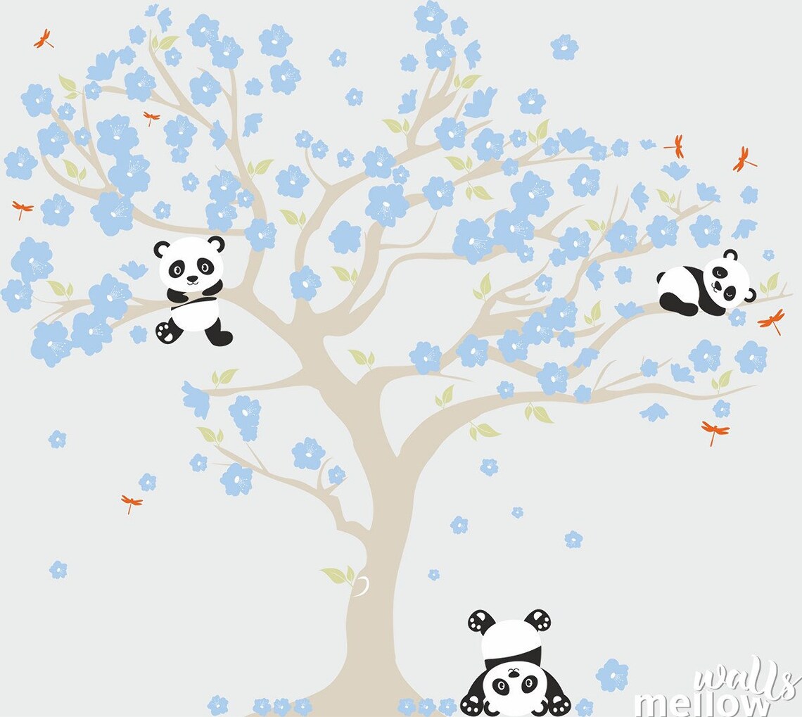 Cherry Blossom Wall Decal Playful Pandas in Cherry Blossom Etsy