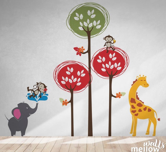 Woodland Wall Decor Safari Jungle Wall Decal with Tree Colorful Wall Decals Wall Decoration Nursery Sticker Pack #143WD