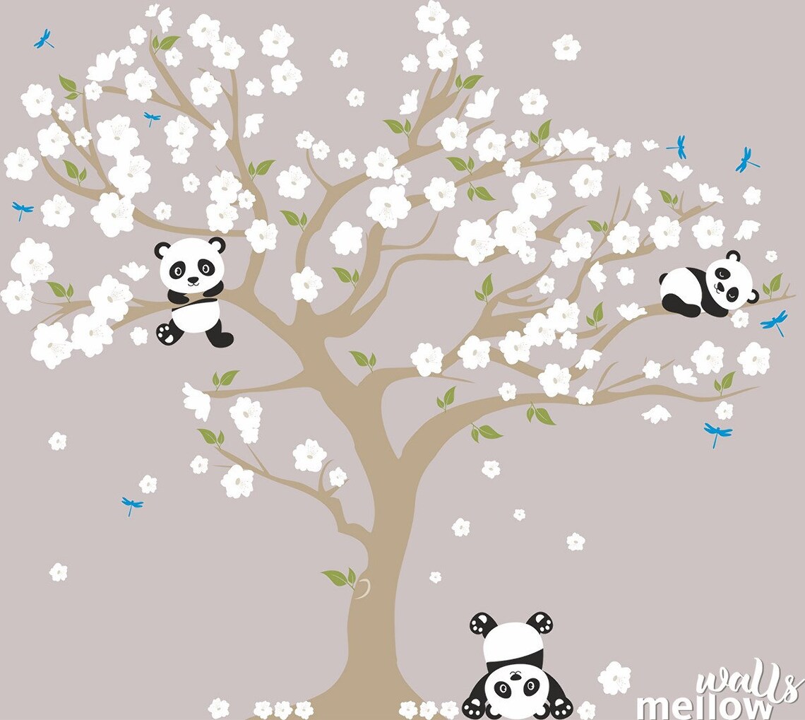 Cherry Blossom Wall Decal Playful Pandas in Cherry Blossom Etsy