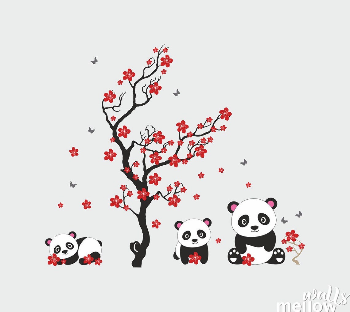 Pandas and Cherry Blossom Tree Panda Decals for Kids Wall Etsy