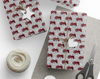Wrapping Papers, Red Holiday Farm Tractor Design, Christmas Gift Wrap, Festive Holiday Packaging, Farmhouse Decorative Paper, Country Style