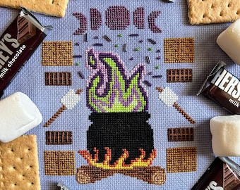 Summerween S'mores Witchy Cross Stitch Pattern PDF - Halloween Instant Digital Download - Goth Cross Stitch - Witch Cross Stitch Pattern