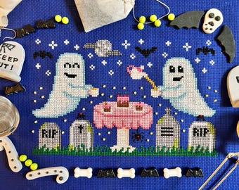 Spooky Ghosts Tea Party - Halloween Cross Stitch PDF Pattern - Digital Download - Goth Cross Stitch Chart