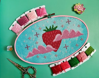 Whimsical Strawberry Moon Cross Stitch Pattern PDF - Instant Digital Download - Spring Cross Stitch Pattern