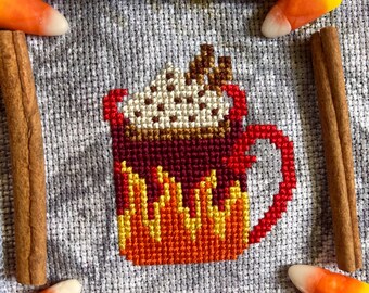 Korsstygnsmönster för läskigt Halloween-kaffe - Digital PDF-nedladdning