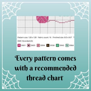 May include: A cross-stitch pattern chart with a grid, colour codes, and the text "Every pattern comes with a recommended thread chart." The pattern size is 128 x 128, with a finished size of 20.3 x 20.3 cm.