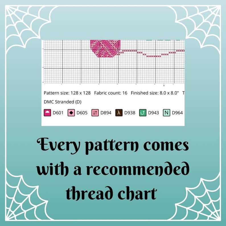 May include: A cross-stitch pattern chart with a grid, colour codes, and the text "Every pattern comes with a recommended thread chart." The pattern size is 128 x 128, with a finished size of 20.3 x 20.3 cm.