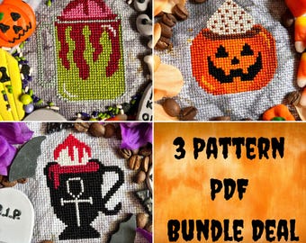 May include: Three Halloween-themed cross-stitch patterns featuring a pumpkin, a spooky drink, and a cauldron. The patterns are displayed on a background of coffee beans and other Halloween decorations. The text "3 PATTERN PDF BUNDLE DEAL" is displayed on a bright orange background.