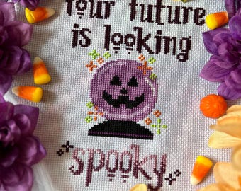 Spooky Halloween Crystal Ball Cross Stitch Pattern - Instant Download PDF - Neon Goth Cross Stitch - Witch Cross Stitch