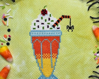Summerween Cross Stitch Pattern PDF - Digital Download - Halloween Milkshake - Candy Corn - Spooky Summer