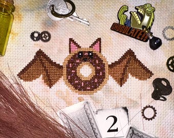 Donut Bat Cross Stitch Pattern - Digital Download PDF - Spooky Bat Cross Stitch - Donut Cross Stitch - Halloween Cross Stitch