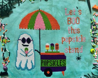 Spooky Summer Ghost Cross Stitch Pattern PDF - Summerween - Funny Halloween - Popsicle Stand