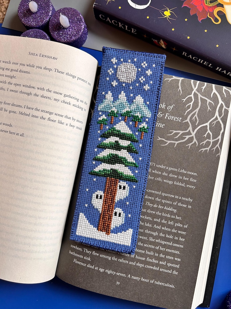 May include: A blue cross-stitch bookmark depicting a winter scene with snow-covered trees, a full moon, and a small house. The bookmark is in an open book. The word "CACKLE" is visible on a book spine. The book is open to page 39.
