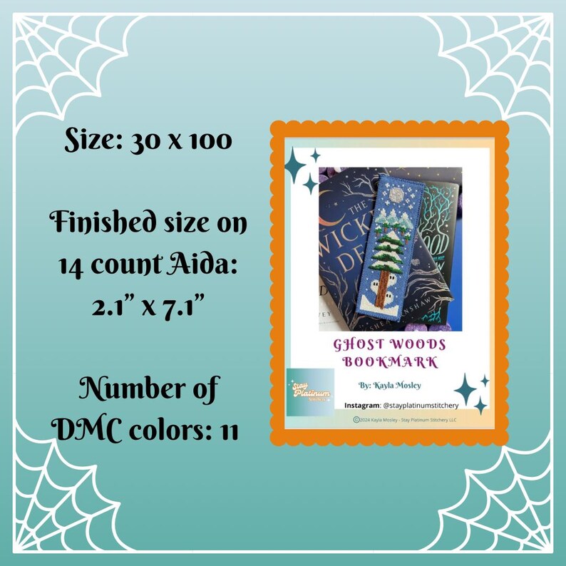 May include: A cross-stitch bookmark with a winter forest design, featuring a tree and owls, is displayed between two books. The bookmark is 5.3 cm by 18 cm. The text "GHOST WOODS BOOKMARK" is visible. The design uses 11 DMC colours.
