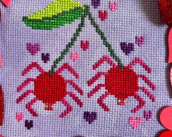 Valentine Cherry Spiders Cross Stitch Pattern - Instant Download PDF - Spooky Cross Stitch - Valentines Day Craft