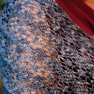 May include: A close-up of a gray knitted shawl with a delicate openwork pattern. The shawl is draped over a person's shoulder and the fabric is soft and textured.