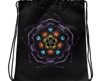May include: Black drawstring bag featuring a colorful, abstract mandala design. The mandala has a central starburst pattern in yellow, surrounded by orange, blue, and purple swirling lines. The bag has black drawstrings.