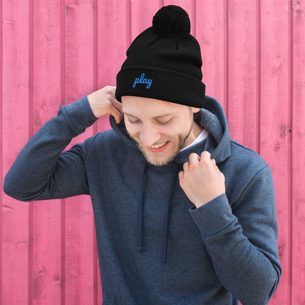 Play Pom-Pom Beanie Knit Embroidered Black and Blue Logo MADE | Etsy