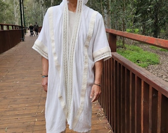 Men's White Cotton Gauze Kimono: Hooded Lace Trim, Burning Man Style