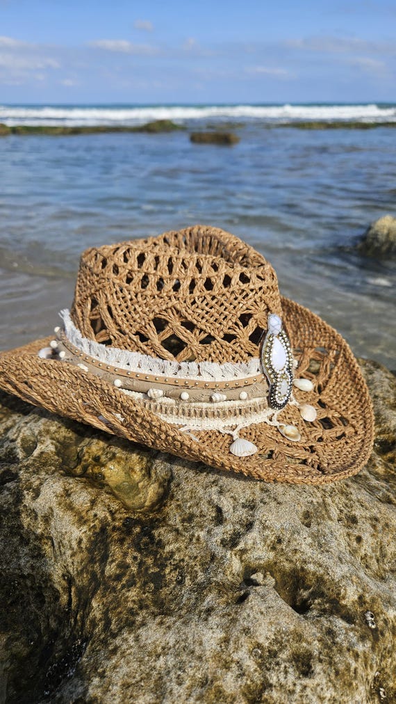 Boho Cowgirl Hat | Handmade Straw Hat With Shells  display picture 2