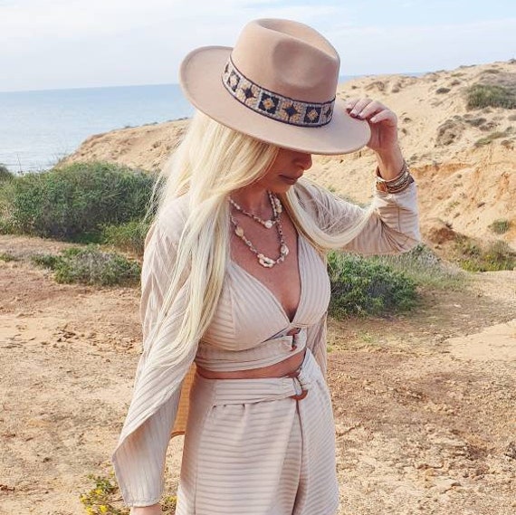 ethnic Ribbon Hat/beige Hat/boho Hat 
