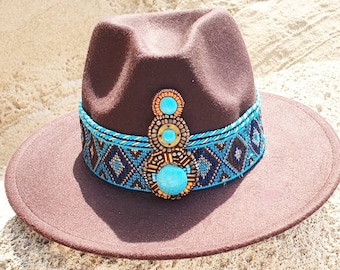 Brown Fedora Hat with Turquoise Applique, Boho Festival Style